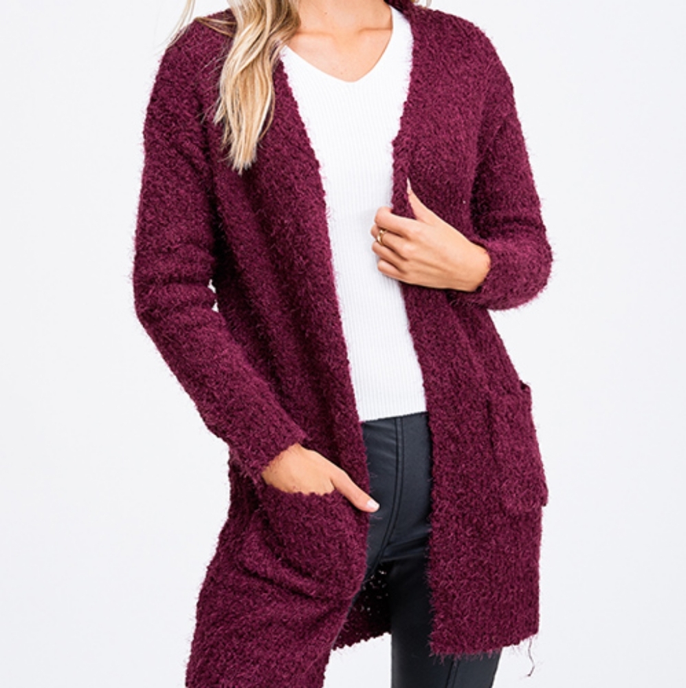 NEW Fuzzy Burgundy Cardigan Sweater
